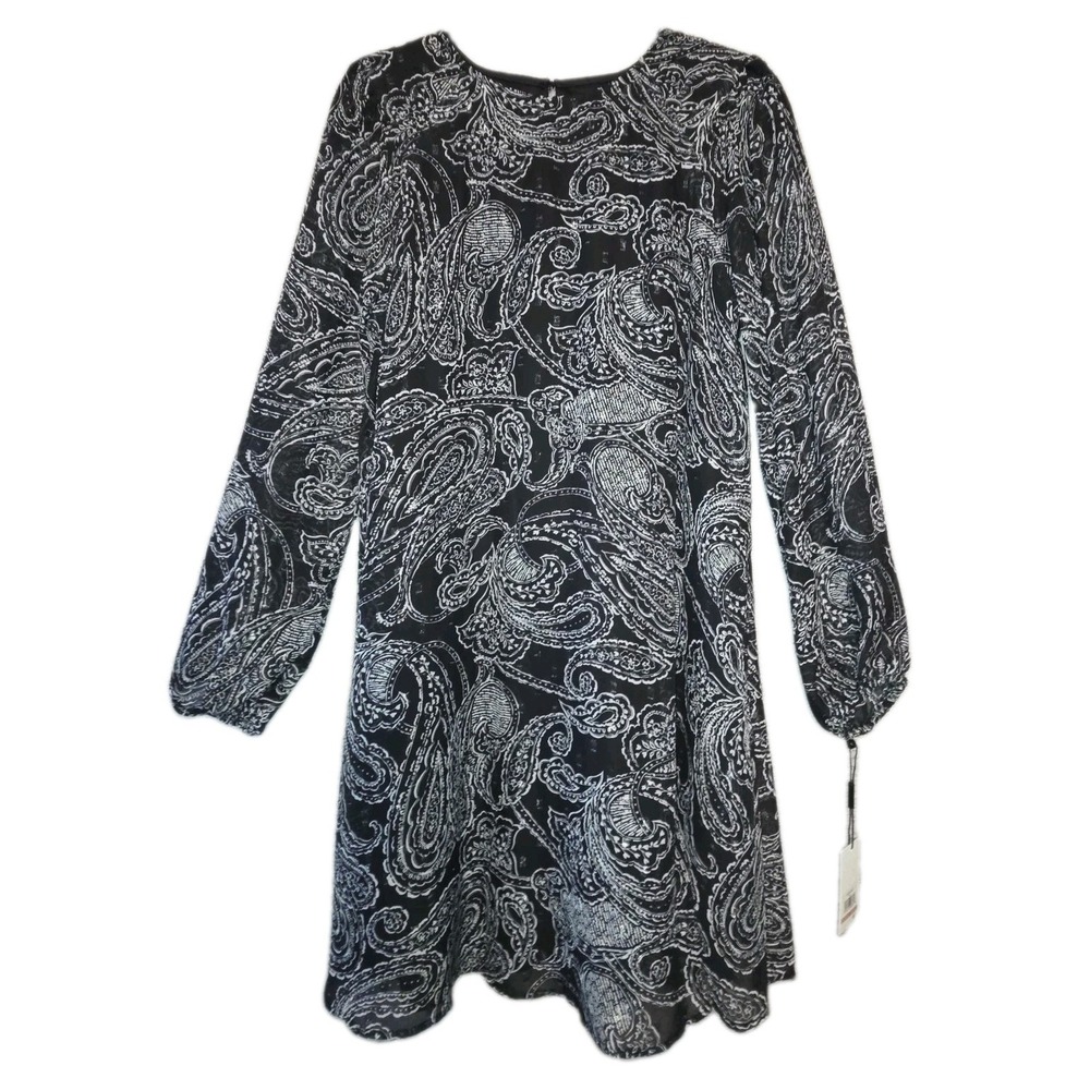 Calvin Klein Paisley Midi Dress Womens 12 Black Shift Boho Flowy Lightweight NWT